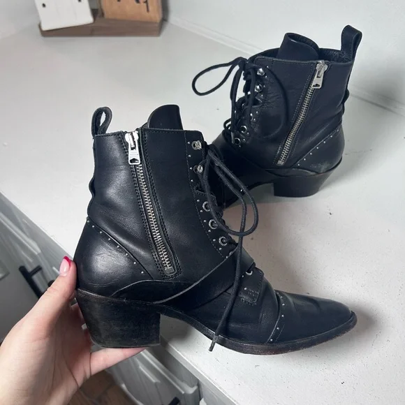 **SOLD**AllSaints Black Leather Lace-Up Ankle Boots Studded Buckle Moto Booties - Picture 5 of 8